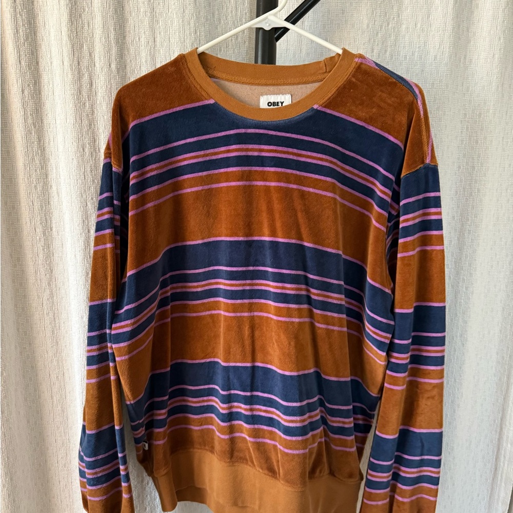 Obey Crewneck Brown and Blue Striped Sweater